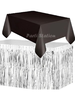 Parti Station Masa Örtüsü ve Masa Eteği Set Plastik Siyah Renk Masa Örtüsü Gümüş Renk Metalize Masa Eteği Set