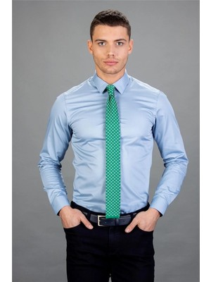 Tudors Slim Fit Uzun Kollu Düz Ince Pamuk Saten Erkek Mavi Gömlek