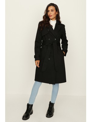 Select Moda Kadın Siyah Kemerli Uzun Trençkot %65 Polyester %35 Cotton Rahat ve Şık Tasarım