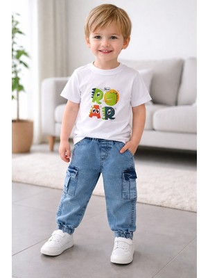Chicsy Baby Erkek Bebek Yumuşak Denim Jogger Pantolon ve Dinozor Baskılı Tişört 2’li Set