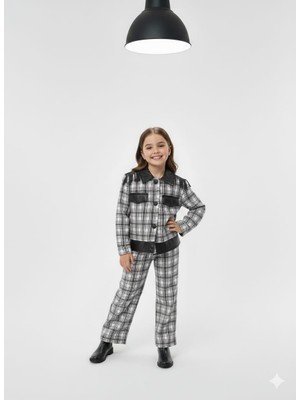 Bubiee Baby Kız Çocuk Siyah Beyaz Ekose Deri Detaylı Ceket ve Geniş Paça Pantolon 2 Li Takım