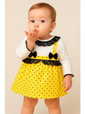 Chicsy Baby Kız Bebek Kalp Desenli Dantelli Fiyonklu Askılı Elbise Takım