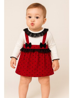Chicsy Baby Kız Bebek Kalp Desenli Dantelli Fiyonklu Askılı Elbise Takım