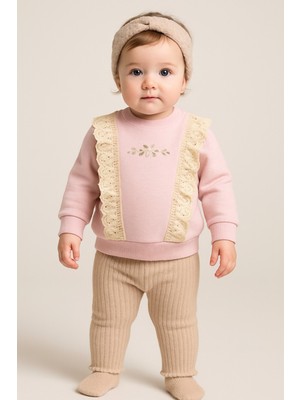 Chicsy Baby Kız Bebek Dantelli Çiçek Nakışlı 2’li Sweatshirt ve Ribana Pantolon Takım