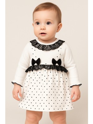 Chicsy Baby Kız Bebek Kalp Desenli Dantelli Fiyonklu Askılı Elbise Takım