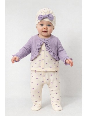 Chicsy Baby Kız Bebek Fırfırlı Hırka Desenli Tulum Fiyonk Bere 3’lü Takım