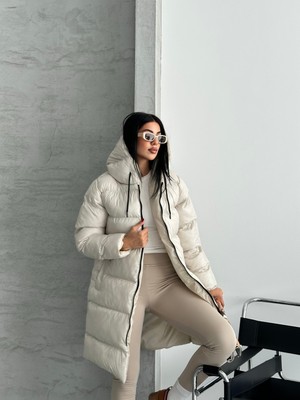 Belirtilmemiş Kadın Jel Dolgu Kapüşonlu Fermuarlı Uzun Şişme Mont 25122