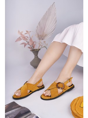 Sy Leather Dream Model Hakiki Deri Rengi Çapraz Bant Büyük Süs Tokalı Kadın Günlük Sandalet