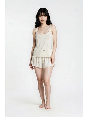 Ecrou Kadın Ekru Puppy Dog Desen Soft Tuşeli Şort Atlet Pijama Takım