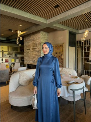 Foremia Yanlar Birit Bağlamalı Elbise-Petrol Mavisi -