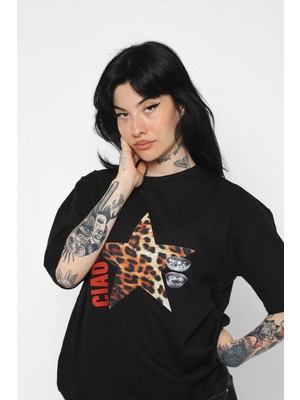 Sekizbiraltı Ciao Yıldız Baskılı Oversize Unisex Siyah Tshirt