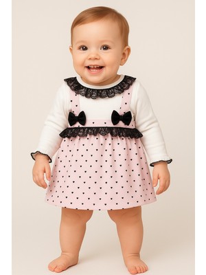 Chicsy Baby Kız Bebek Kalp Desenli Dantelli Fiyonklu Askılı Elbise Takım