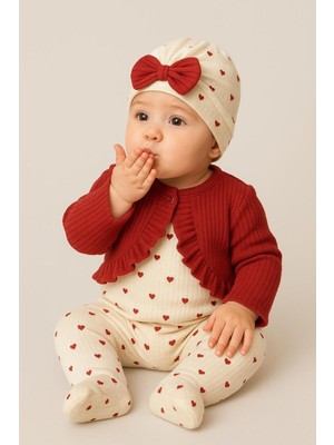 Chicsy Baby Kız Bebek Fırfırlı Hırka Desenli Tulum Fiyonk Bere 3’lü Takım