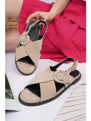 Sy Leather Dream Model Hakiki Deri Rengi Çapraz Bant Büyük Süs Tokalı Kadın Günlük Sandalet