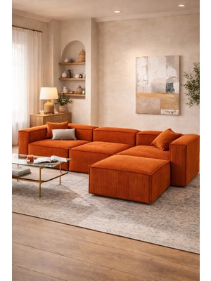 S Home Design Concept Frida 4 Modül Pofidik Modüler Kanepe L Köşe Koltuk Takımı, Fitilli, Kiremit  295X190 cm
