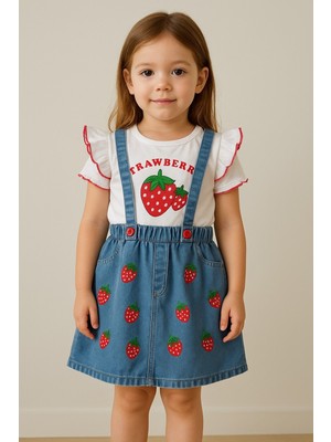 Kız Bebek Çilek Desenli Askılı Kot Elbise Takım