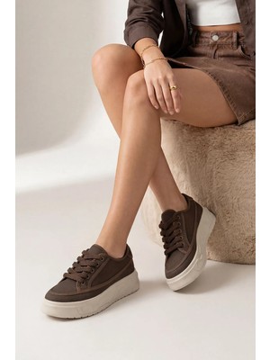 Marjin Kadın Sneaker Yüksek Kalın Desenli Ultra Hafif Taban Bağcıklı Spor Ayakkabı Ergu Kahve Keten