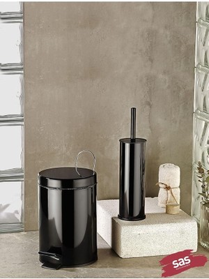 Leaf Shop Çöp Kovası Tuvalet Wc Fırçası Banyo Çöp Kovası 2'li Banyo Seti Siyah 5 Litre