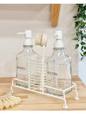 Leaf Shop Sabun ve Deterjan Dispenser Seti Demir Çiftli Pompa ve Sünger Standı Sabunluk 500 ml Bej