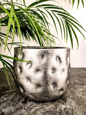 Leaf Shop Tasarımı Ev Dekorasyon Aksesuar Gümüş Desenli Toprak Saksı Saksılık Salon Çiçeklik - 19 cm