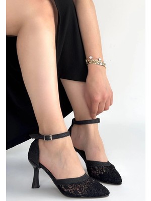 Mareandpanda Weja Siyah Cilt Tül Detaylı Topuklu Ayakkabı