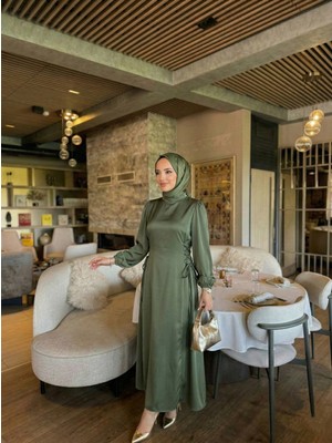 Foremia Yanlar Birit Bağlamalı Elbise-Haki -