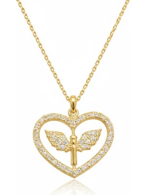 Özcömert Silver Gümüş Gold Mikail Meleği Figürlü Kalp Kadın Kolye