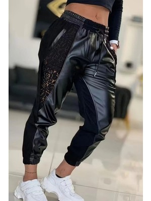 Mossta Yüksek Bel Dantel Detaylı Deri Pantolon - Siyah