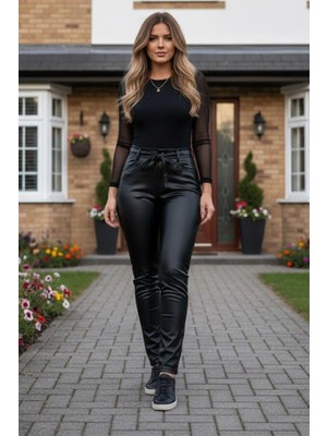 Mossta Yüksek Bel Suni Deri Pantolon - Siyah