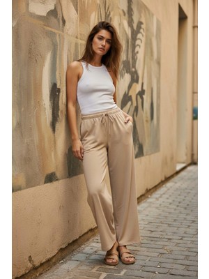 Mossta Kadın Bol Paça Yüksek Bel Pantolon Bej