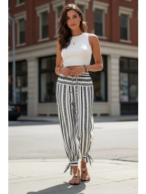 Mossta Beli Lastikli  Bağcıklı Desenli Şalvar Süprem  Pantolon - Desenli