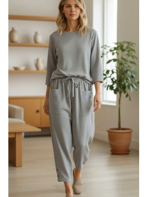 Mossta Paçası Düğmeli Beli  Lastikli Şalvar Pantolon - Gri