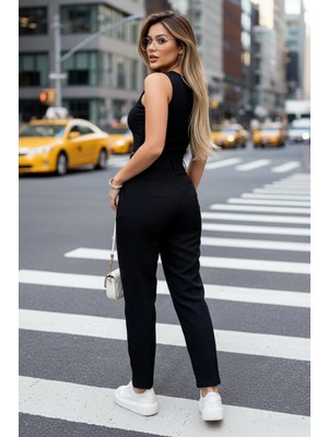 Mossta Yüksek Bel Düğmeli Tasarım Ithal Krep Pantolon - Siyah