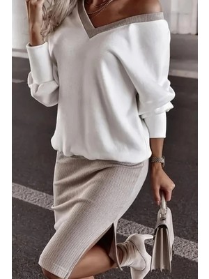 Mossta Uzun Kollu V Yaka Bluz Yırtmaçlı Etek Ikili Takım - Bej