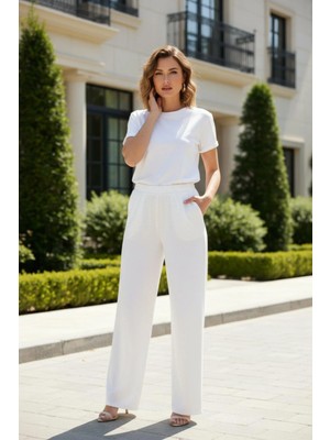 Mossta Kadın Bol Paça Yüksek Bel Pantolon Beyaz