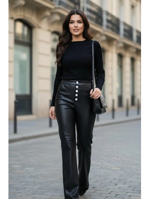 Mossta Yüksek Bel  Düğme Detaylı Ispanyol Paça Deri Pantolon - Siyah