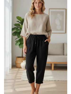 Mossta Paçası Düğmeli Beli  Lastikli Şalvar Pantolon - Siyah