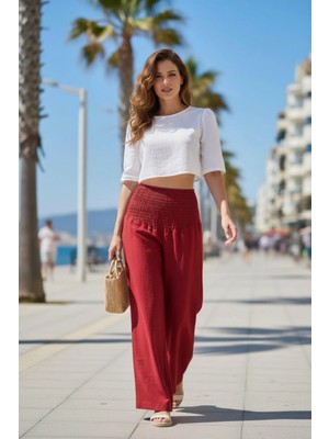 Mossta Yüksek Bel Gipe Detaylı Salaş Pantolon - Kırmızı