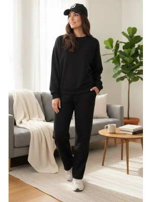 Mossta Rahat Kalıp Bisiklet Yaka Viskon Iki Iplik Bluz Pantolon Ikili Takım - Siyah