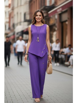 Mossta Asimetrik Tasarım Düğme Detaylı Aerobin Ikili Takım - Mor