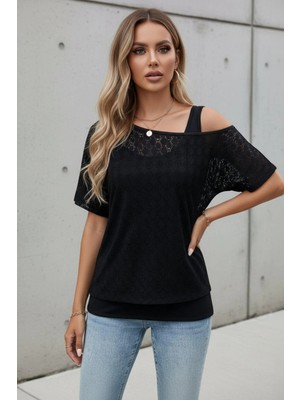 Mossta Omuz Dekolteli Dantel Bluz ve Atlet Ikili Takım - Siyah