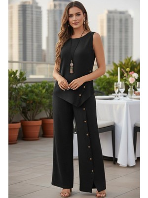 Mossta Asimetrik Tasarım Düğme Detaylı Aerobin Ikili Takım - Siyah