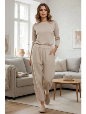 Mossta Yüksek Bel Beli Lastikli Rahat Kalıp Pantolon - Bej