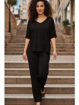 Mossta V Yaka Yarasa Kol Salaş Viskon Ikili Takım - Siyah