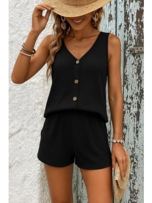 Mossta V Yaka Önden Düğmeli Bürümcük Ikili Takım - Siyah