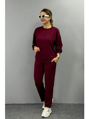 Mossta Bisiklet Yaka Viskon Iki Iplik Bluz Pantolon Ikili Takım - Bordo