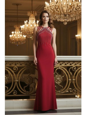 Mossta Asimetrik Askılı Taş Detaylı Balık Abiye Elbise - Kırmızı