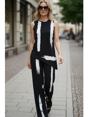 Mossta Desenli Kolsuz Bluz ve Geniş Paça Pantolon Takımı - Siyah