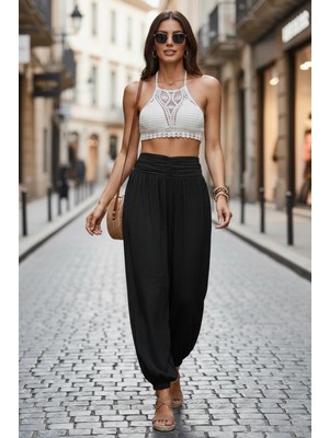 Mossta Yüksek Bel Beli Büzgülü Tasarım Aerobin  Pantolon - Siyah
