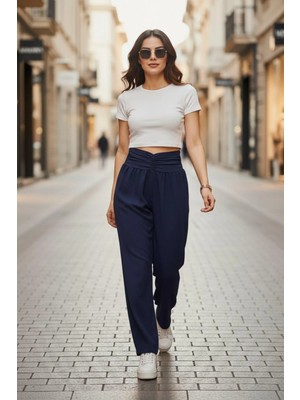 Mossta Yüksek Bel Beli Büzgülü Tasarım Aerobin  Pantolon - Lacivert